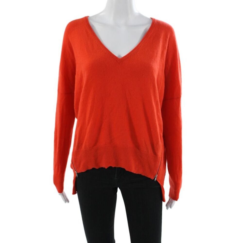 Autumn Cashmere Women Pullover 100% Cashmere V-Neck Orange Long Sleeve Size M